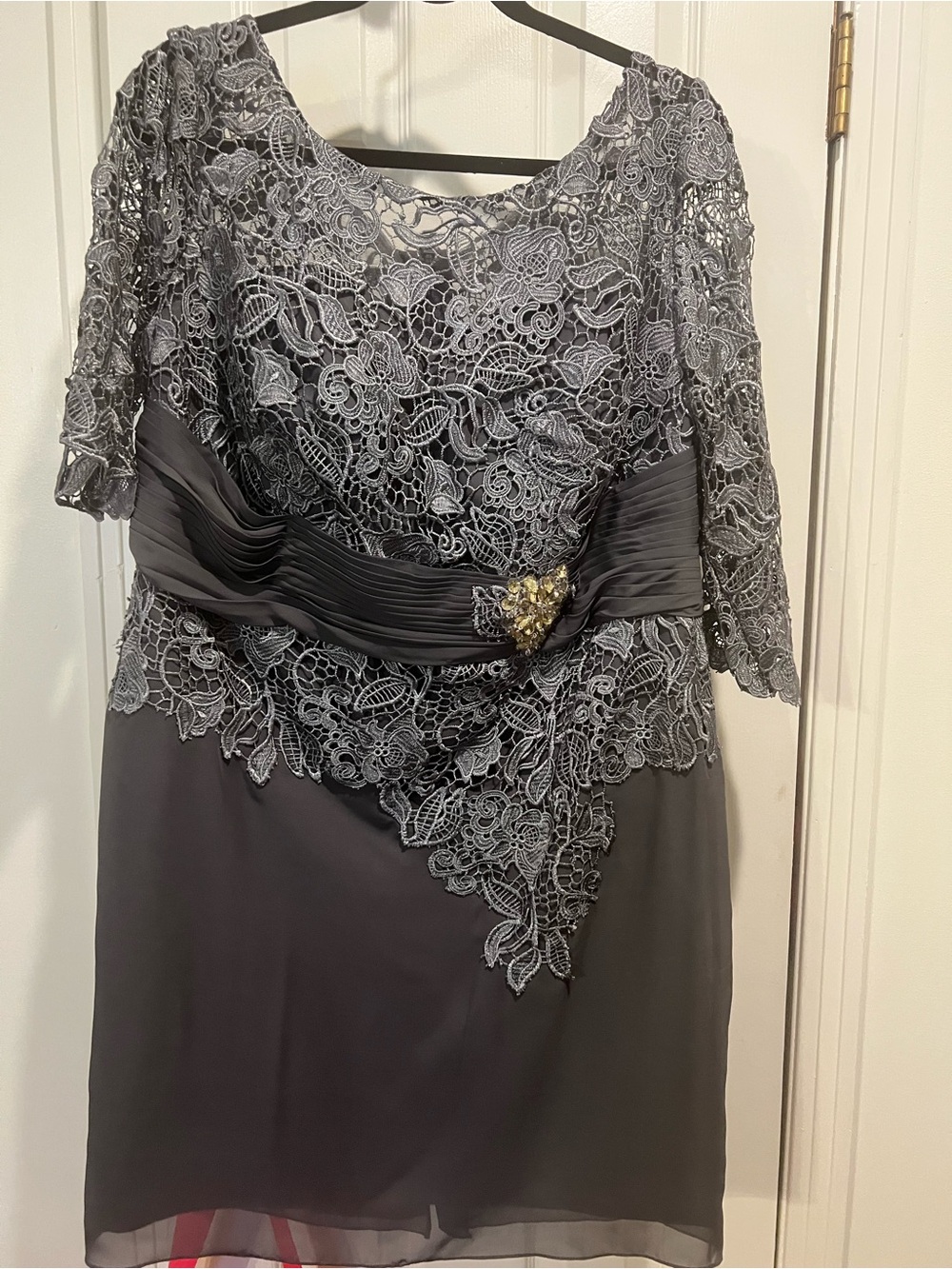 JJs House Charcoal Gray Lace Midi Dress with Embellished Sash
